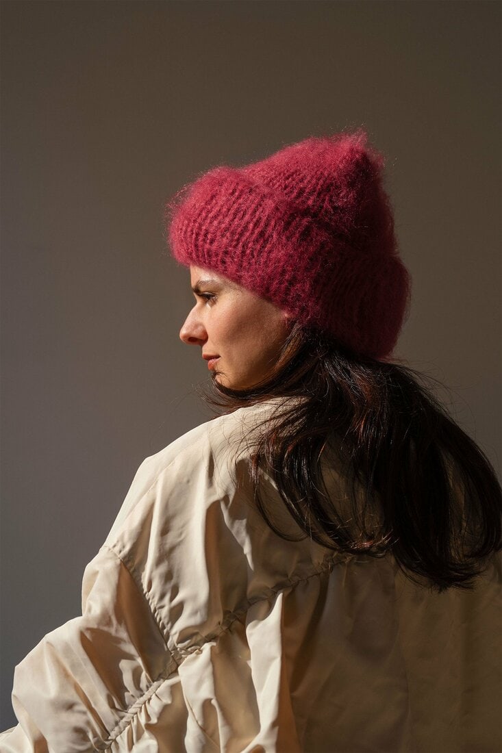 Brushed Mohair Beanie in Cerise | Sustainable Knitwear from Greece