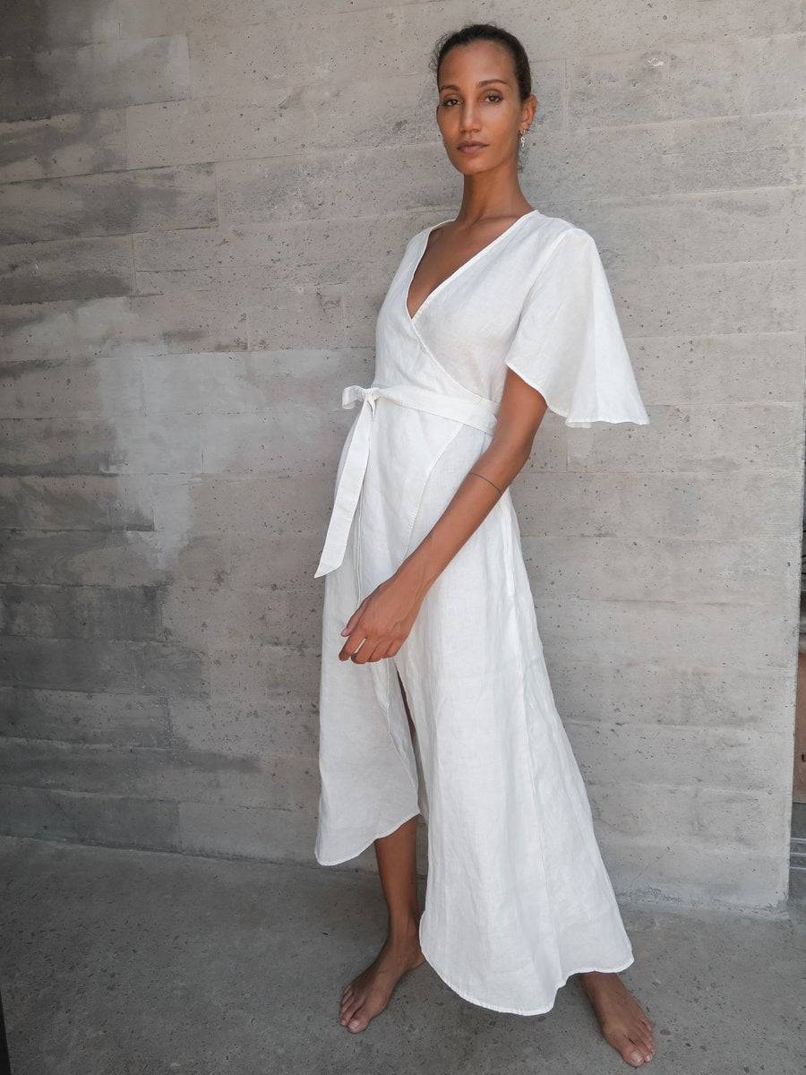 Linen Wrap Dress in White - Dhalia