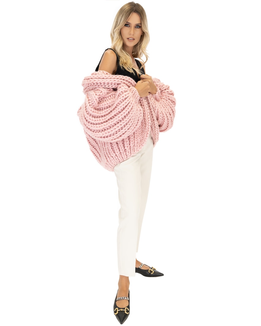 Oversized Hooded Knit Cardigan - Pink