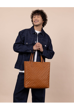 Leather Woven Tote Bag Brown