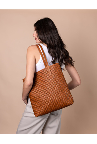 Leather Woven Tote Bag Brown