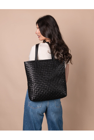Leather Woven Tote Bag Black