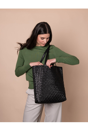 Leather Woven Tote Bag Black
